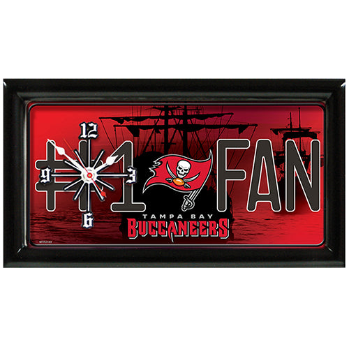 Tampa Bay Buccaneers rectangular wall clock features team colors and logo with the wording #1 FAN