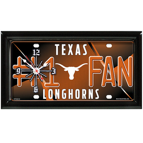 Texas Longhorns rectangular wall clock features team colors and logo with the wording #1 FAN