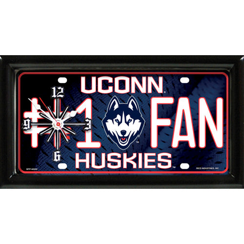 UCONN Huskies rectangular wall clock features team colors and logo with the wording #1 FAN