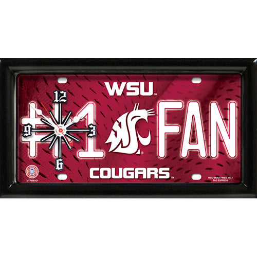 Washington State Cougars rectangular wall clock features team colors and logo with the wording #1 FAN