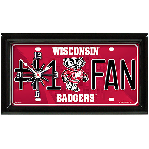 Wisconsin Badgers rectangular wall clock features team colors and logo with the wording #1 FAN