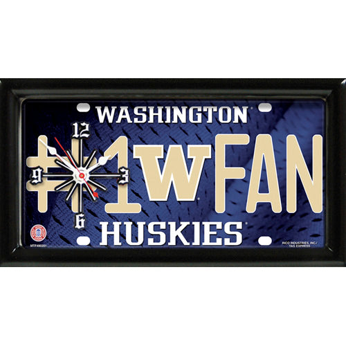 Washington Huskies rectangular wall clock features team colors and logo with the wording #1 FAN
