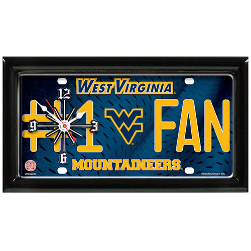 West Virginia Mountaineers rectangular wall clock features team colors and logo with the wording #1 FAN