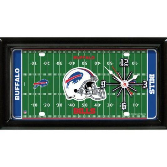  Buffalo Bills NFL Wall Clock: 7" x 13" field design with team graphics. Sleek black satin frame, quartz movement. Officially licensed by NFL. By GTEI.