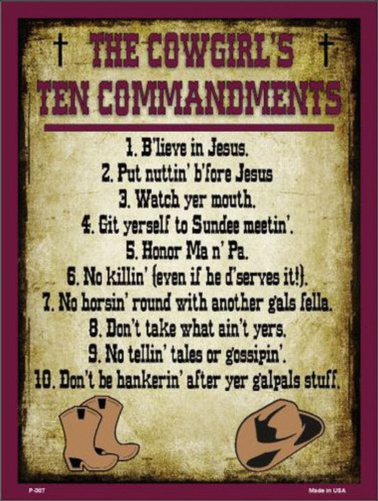 "Cowgirls Ten Commandments" Metal Parking Sign - 9" x 12", Weather Resistant, High-Quality Aluminum, Pre-drilled Holes, Made in USA. Brand New and easy to mount.