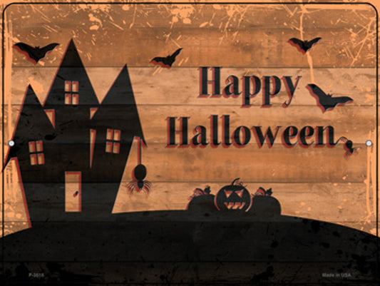 9" x 12" Happy Halloween sign, aluminum, weather-resistant, predrilled holes, made in the USA.