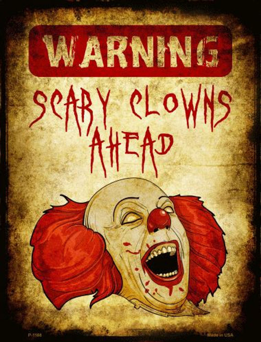 Scary Clowns 9x12" Halloween metal sign, weather-resistant aluminum, predrilled holes, made in USA.