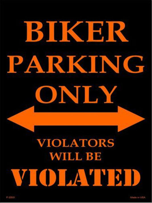 "Biker Parking Only" Metal Parking Sign - 9" x 12", Weather Resistant, Pre-drilled Holes, Made in USA. High-quality aluminum for reliability.