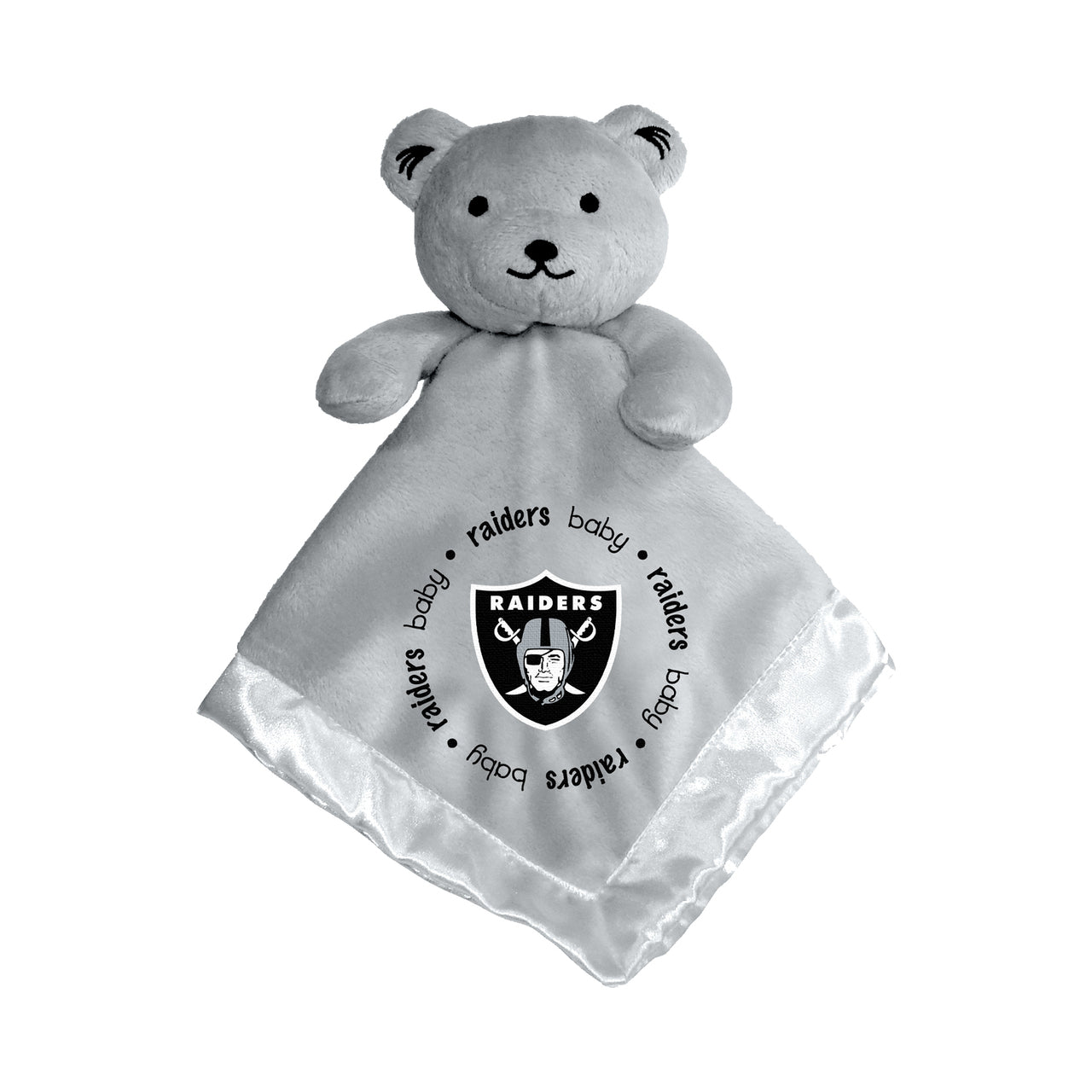 Gray security bear with embroidered Las Vegas Raiders logo, soft pile top, satin underside, and plush head and arms, 14"x14".