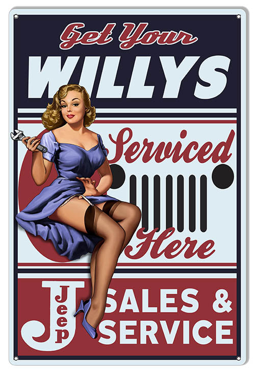Jeep Willys Garage Shop Pin Up Girl 12" x 18" Sign By Steve McDonald - RG10014