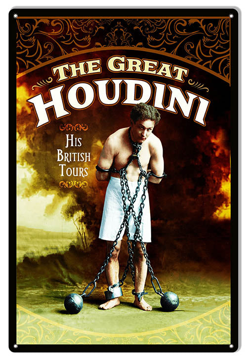 Houdini British Tour Wall Art Reproduction Magician 12" x 18" Metal Aluminum Sign - RG10021