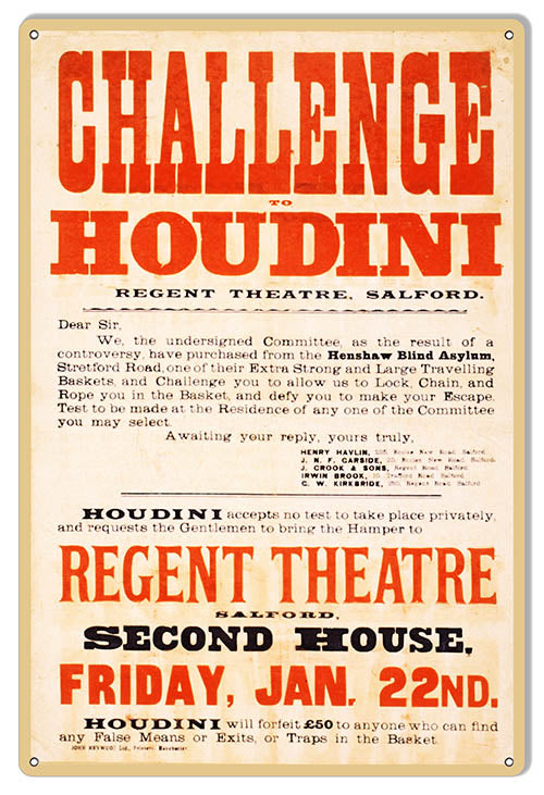 Houdini Challenge Reproduction Magician 12" x 18" Aluminum Metal Sign - RG10045