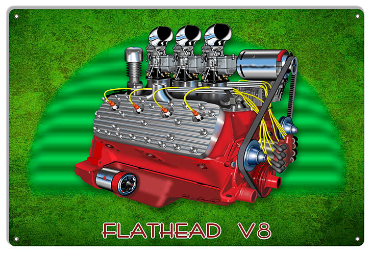 Flat Head V8 Motor Garage Art 12" x 18" Metal Sign by Rudy Edwards - RVG1173