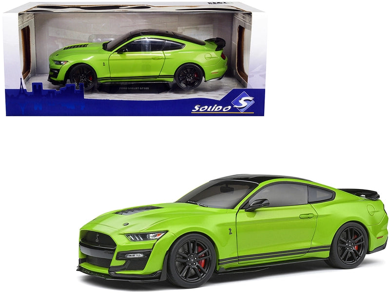 2020 Ford Mustang Shelby GT500 Grabber Lime Green Metallic with Black Top and Stripes 1/18 Diecast Model Car by Solido