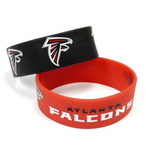 Pack of 2 Atlanta Falcons silicone bracelets by Aminco. Officially licensed, 100% durable silicone, featuring team colors and graphics. One size fits all.