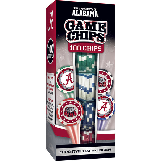 Brand-new Alabama Crimson Tide NCAA Poker Chips Set. 100 chips in casino-style, team designs. Officially licensed Made  by Masterpieces. Perfect for game nights!