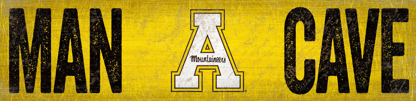 "Appalachian Mountaineers Man Cave Sign by Fan Creations: Distressed wood sign with team logo and 'Man Cave' text, ideal for fans' spaces."