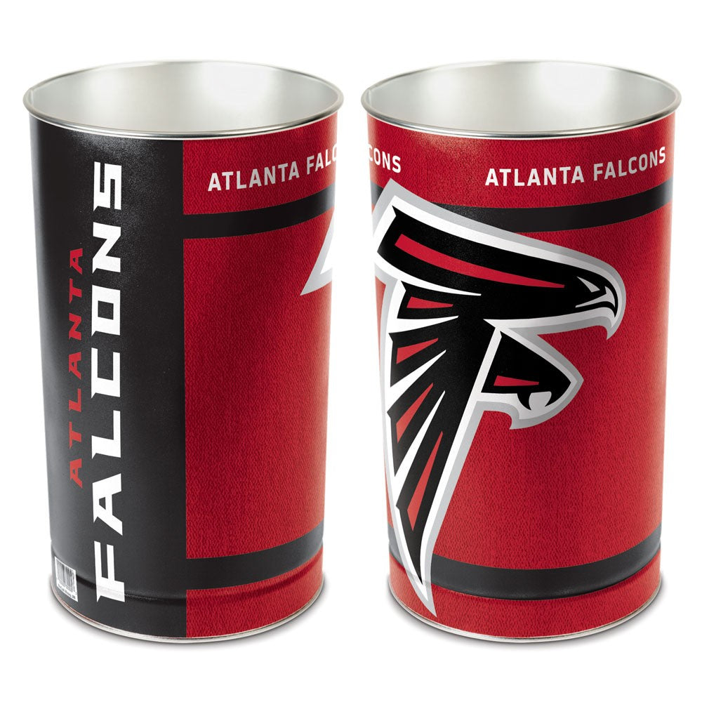 Atlanta Falcons metal wastebasket with team colors and graphics measures 15 inches tall & 10 inches wide at top