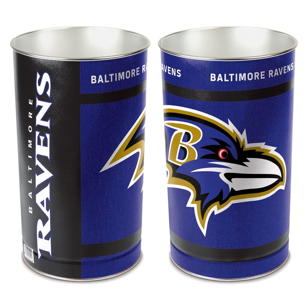 Baltimore Ravens metal wastebasket with team colors and graphics measures 15 inches tall & 10 inches wide at top