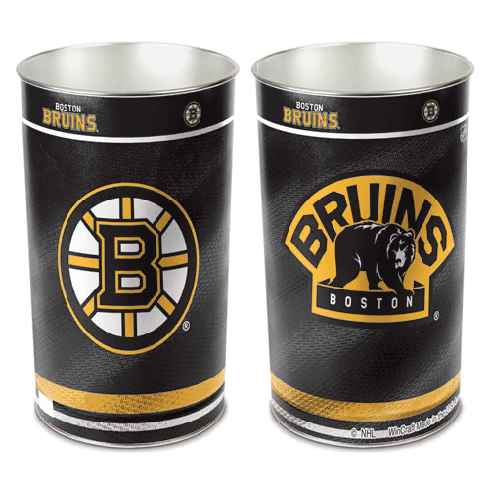 Boston Bruins metal wastebasket with team colors and graphics measures 15 inches tall & 10 inches wide at top