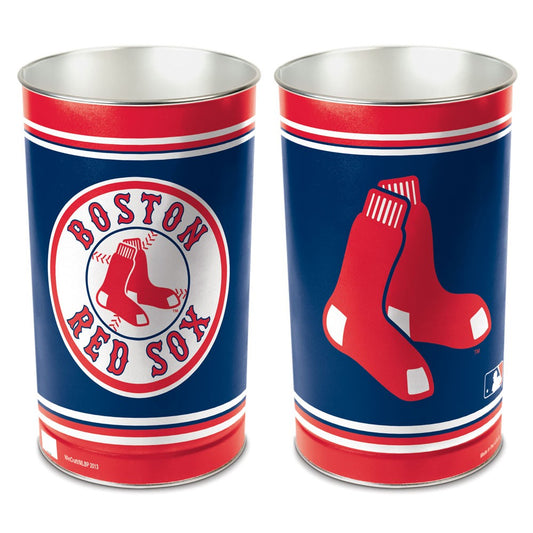 Boston Red Sox metal wastebasket with team colors and graphics measures 15 inches tall & 10 inches wide at top