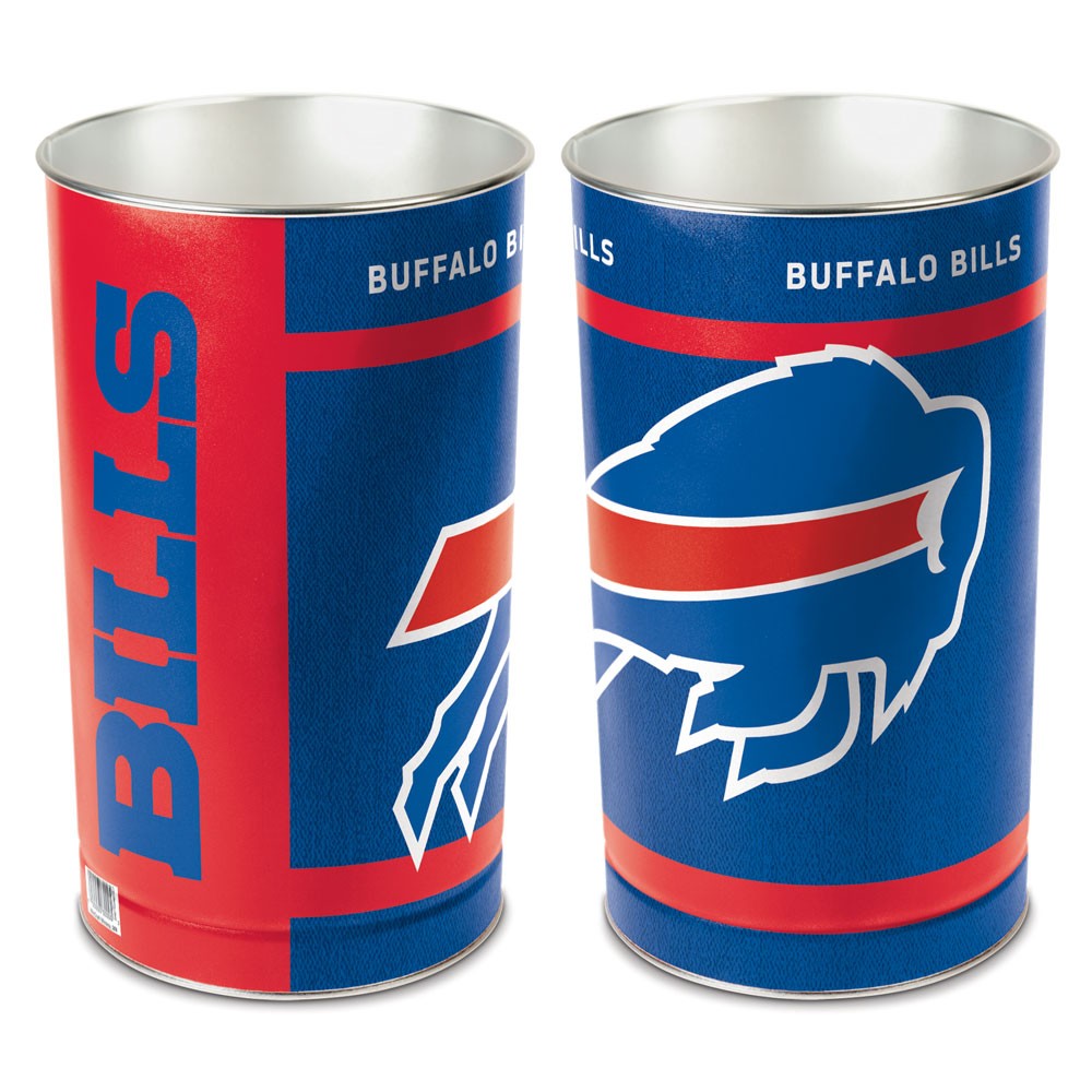 Buffalo Bills metal wastebasket with team colors and graphics measures 15 inches tall & 10 inches wide at top