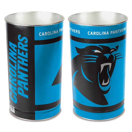 Carolina Panthers metal wastebasket with team colors and graphics measures 15 inches tall & 10 inches wide at top