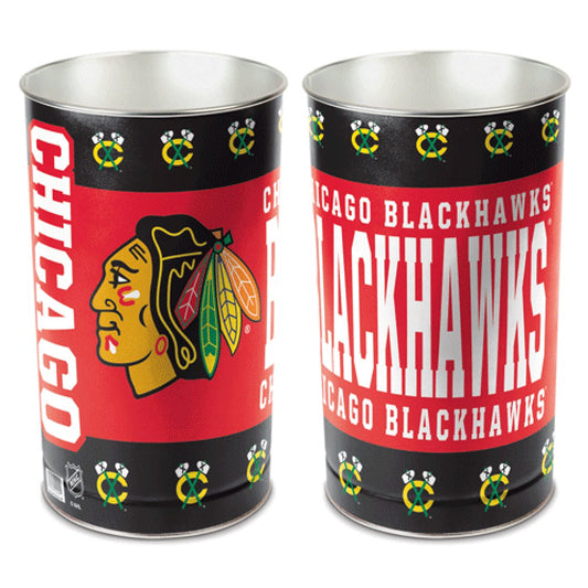 Chicago Blackhawks metal wastebasket with team colors and graphics measures 15 inches tall & 10 inches wide at top
