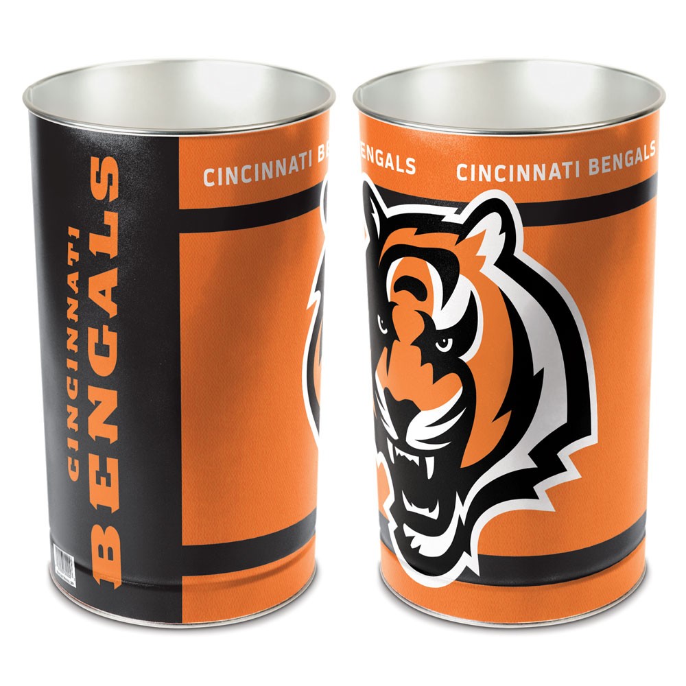 Cincinnati Bengals metal wastebasket with team colors and graphics measures 15 inches tall & 10 inches wide at top