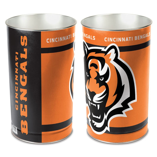 Cincinnati Bengals metal wastebasket with team colors and graphics measures 15 inches tall & 10 inches wide at top