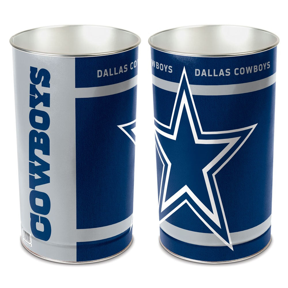 Dallas Cowboys metal wastebasket with team colors and graphics measures 15 inches tall & 10 inches wide at top