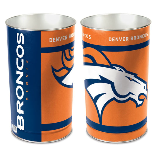 Denver Broncos metal wastebasket with team colors and graphics measures 15 inches tall & 10 inches wide at top