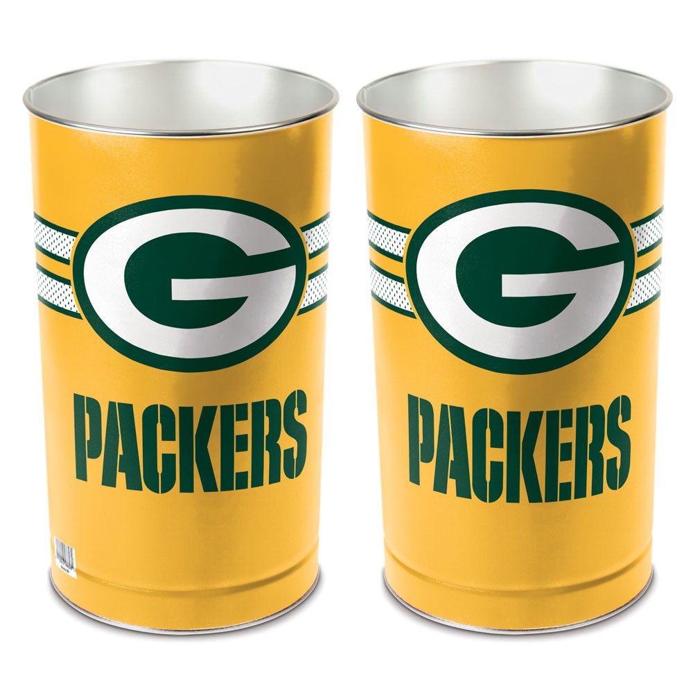Green Bay Packers metal wastebasket with team colors and graphics measures 15 inches tall & 10 inches wide at top