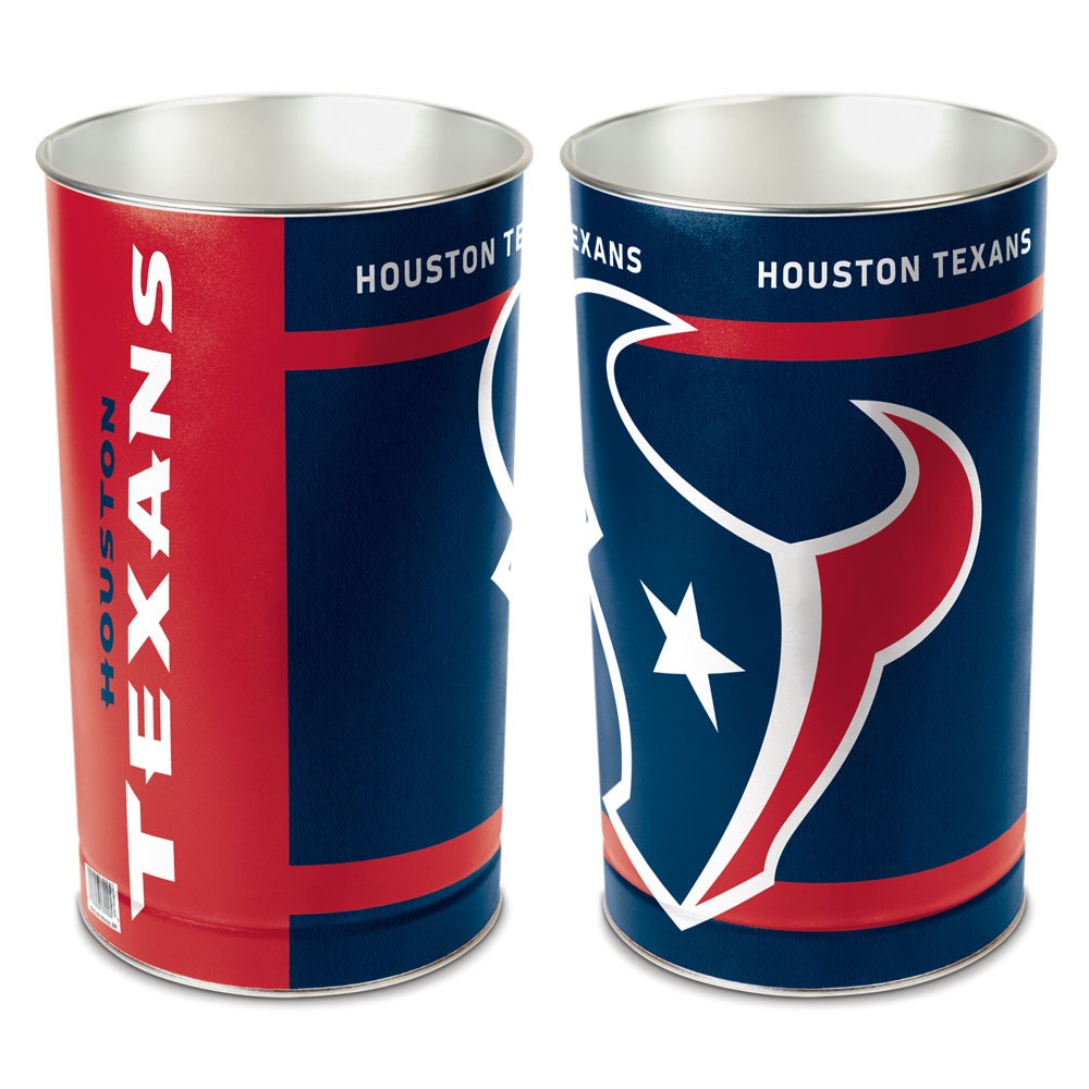 Houston Texans metal wastebasket with team colors and graphics measures 15 inches tall & 10 inches wide at top