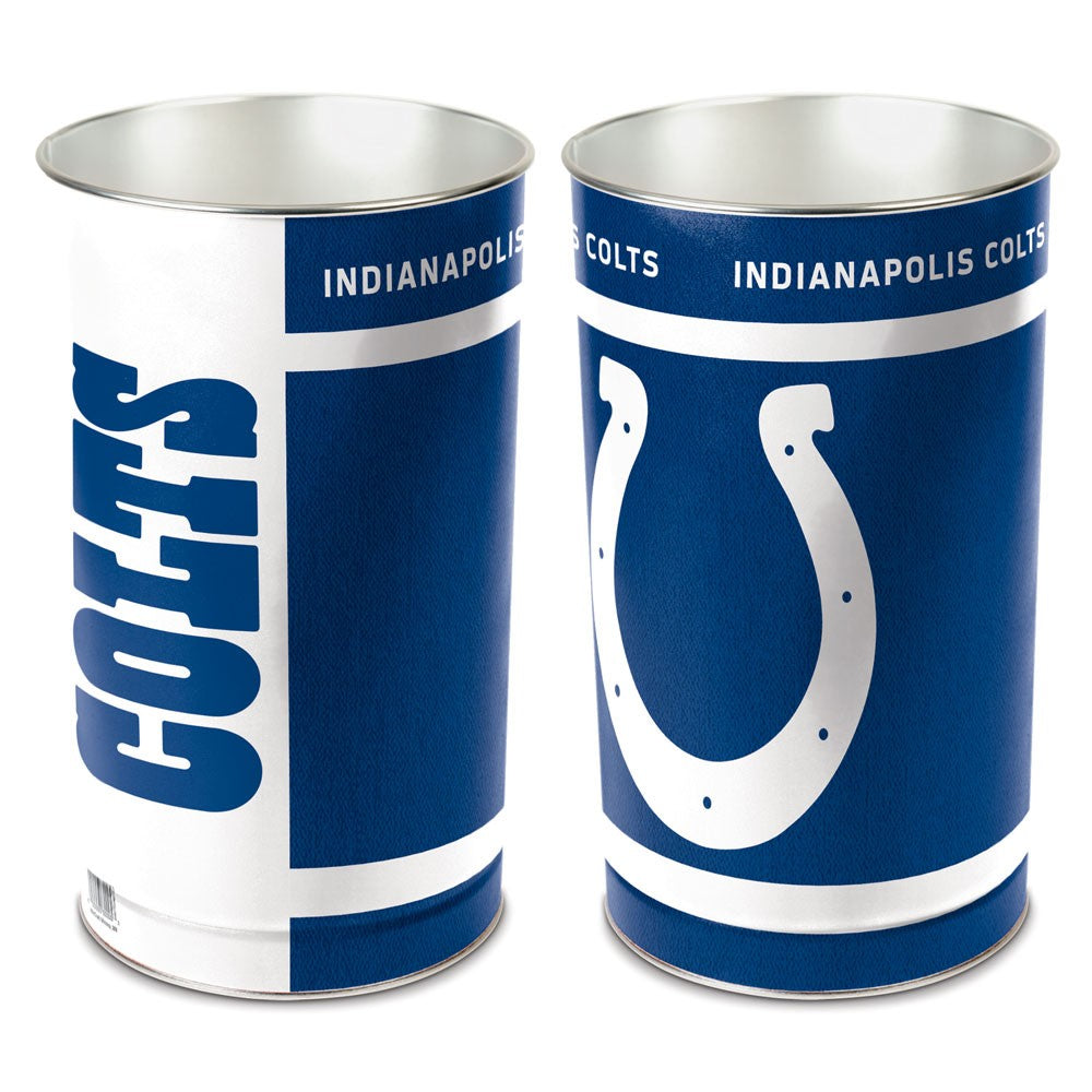 Inidanapolis Colts metal wastebasket with team colors and graphics measures 15 inches tall & 10 inches wide at top