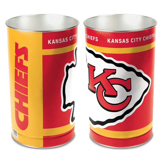 Kansas City Chiefs metal wastebasket with team colors and graphics measures 15 inches tall & 10 inches wide at top