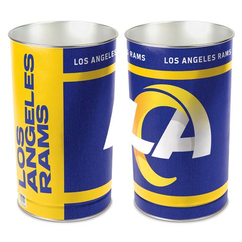 Los Angeles Rams metal wastebasket with team colors and graphics measures 15 inches tall & 10 inches wide at top