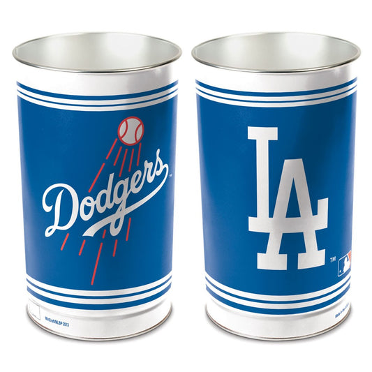 Los Angeles Dodgers metal wastebasket with team colors and graphics measures 15 inches tall & 10 inches wide at top