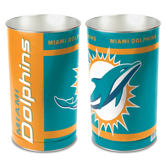 Miami Dolphins metal wastebasket with team colors and graphics measures 15 inches tall & 10 inches wide at top