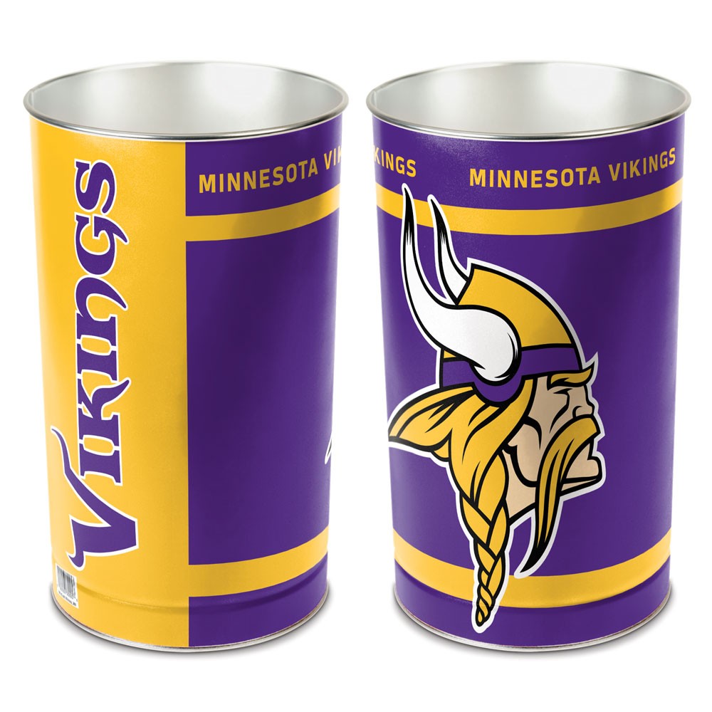 Minnesota Vikings metal wastebasket with team colors and graphics measures 15 inches tall & 10 inches wide at top