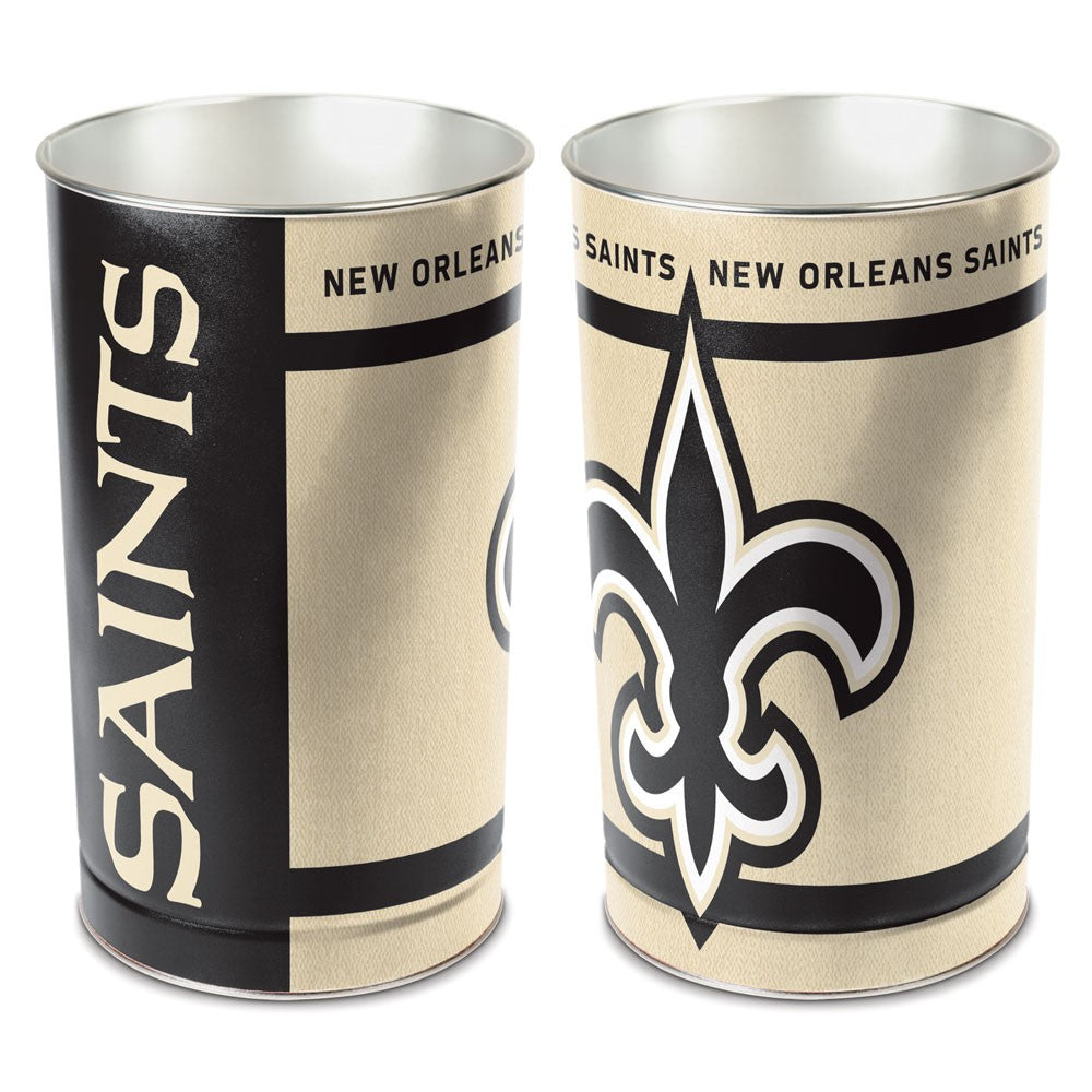 New Orleans Saints metal wastebasket with team colors and graphics measures 15 inches tall & 10 inches wide at top