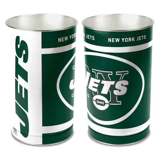 New York Jets metal wastebasket with team colors and graphics measures 15 inches tall & 10 inches wide at top
