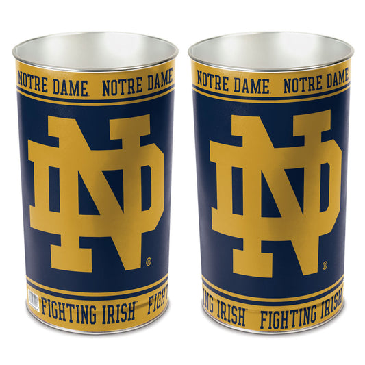Notre Dame Fighting Irish metal wastebasket with team colors and graphics measures 15 inches tall & 10 inches wide at top