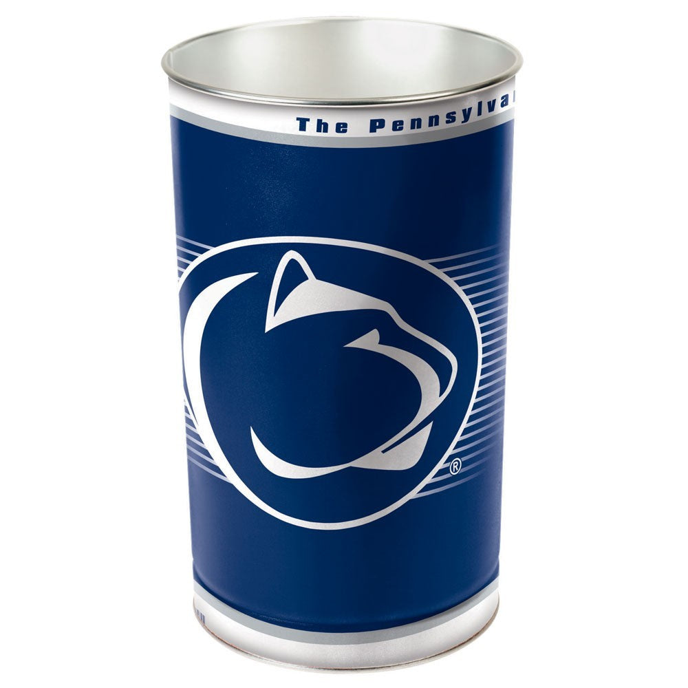 Penn State Nittany Lions metal wastebasket with team colors and graphics measures 15 inches tall & 10 inches wide at top