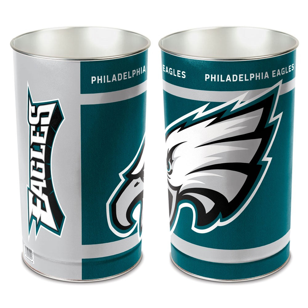 Philadelphia Eagles metal wastebasket with team colors and graphics measures 15 inches tall & 10 inches wide at top