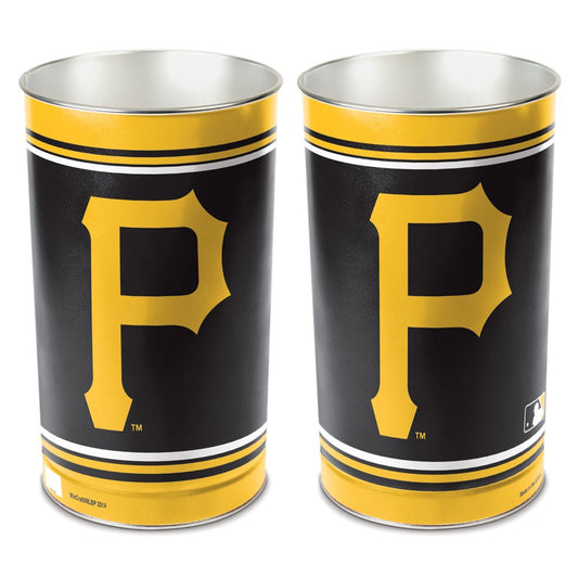 Pittsburgh Pirates metal wastebasket with team colors and graphics measures 15 inches tall & 10 inches wide at top