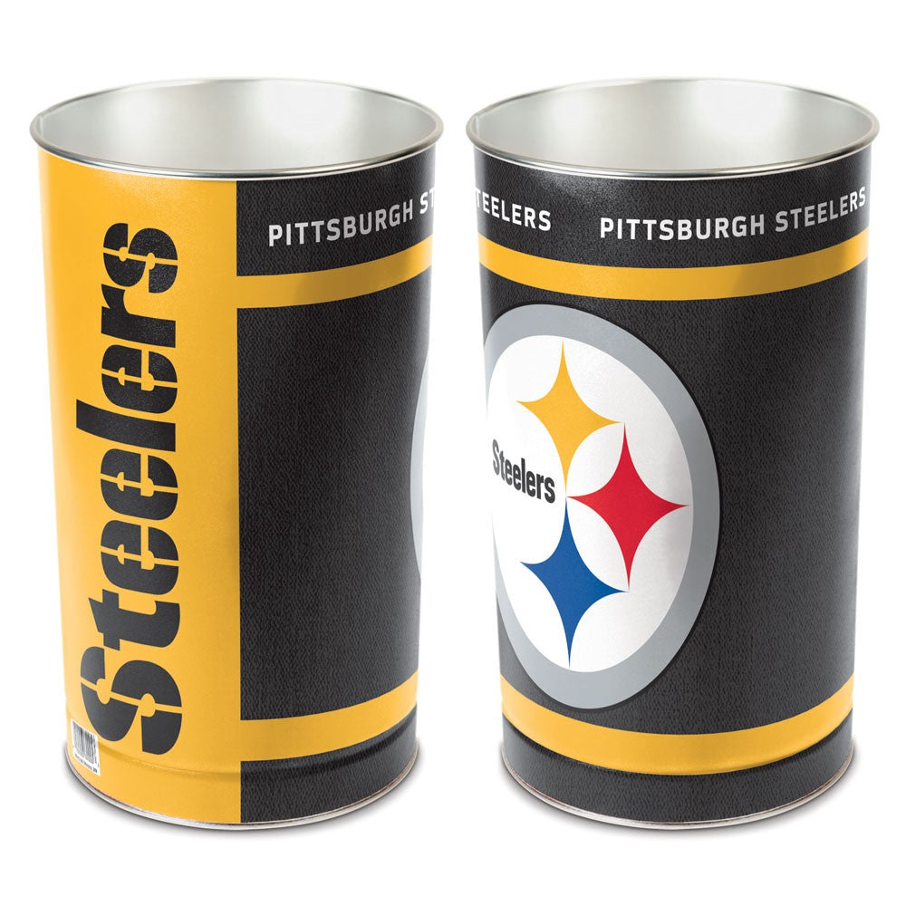 Pittsburgh Steelers metal wastebasket with team colors and graphics measures 15 inches tall & 10 inches wide at top