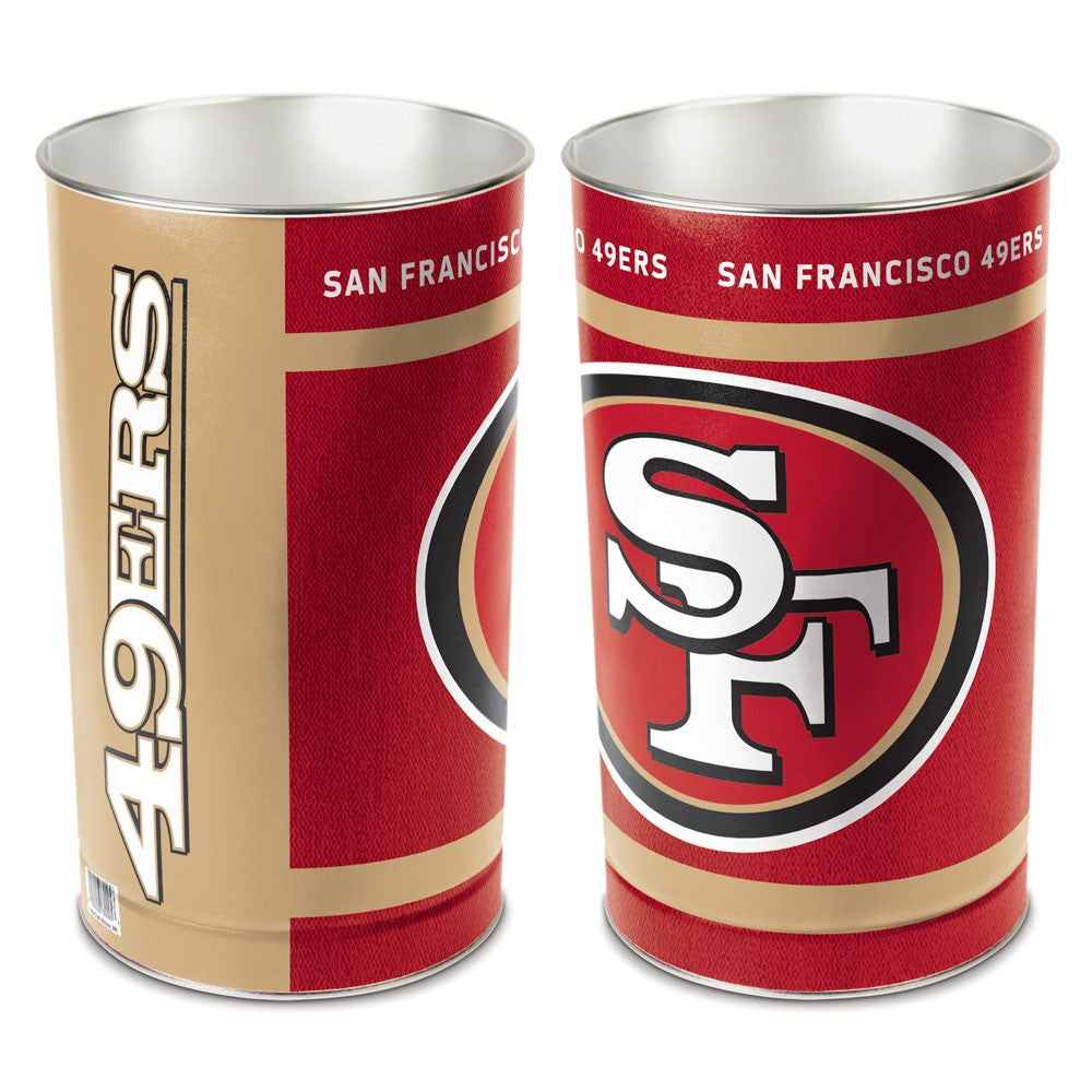 San Francisco 49ers metal wastebasket with team colors and graphics measures 15 inches tall & 10 inches wide at top