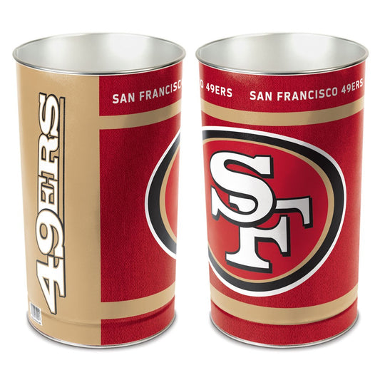 San Francisco 49ers metal wastebasket with team colors and graphics measures 15 inches tall & 10 inches wide at top