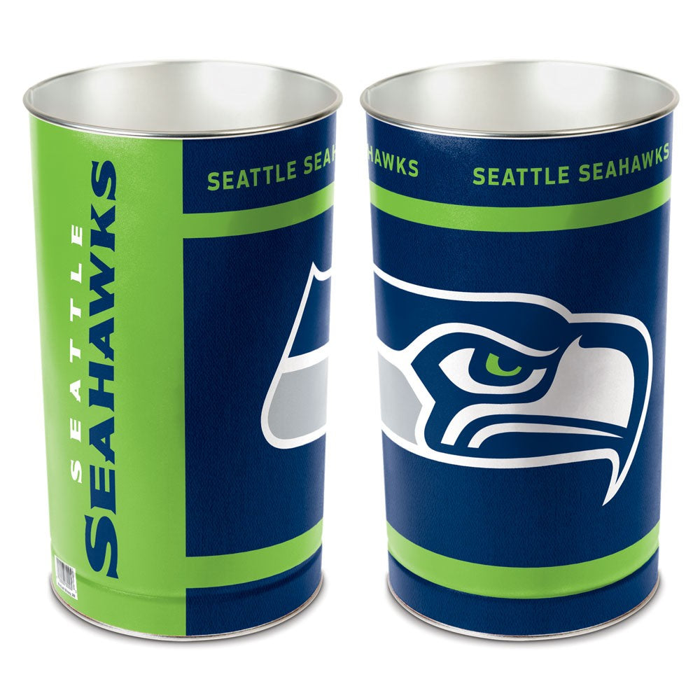Seattle Seahawks metal wastebasket with team colors and graphics measures 15 inches tall & 10 inches wide at top